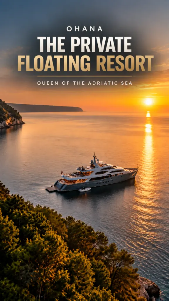 A luxury yacht floats on calm water at sunset near a forested coast, with text reading The Private Floating Resort, Queen of the Adriatic Sea..