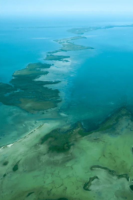 Aerial view of small, green islands and shallow turquoise waters stretching into the distance under a clear blue sky.