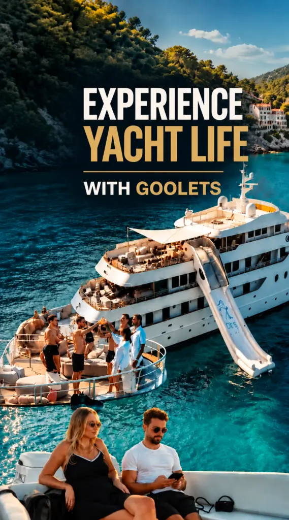 A luxurious yacht anchored in blue water with people relaxing on deck; a water slide extends from the yacht. Text reads, Experience Yacht Life with Goolets. Two people relax in the foreground. Lush green hills in the background.